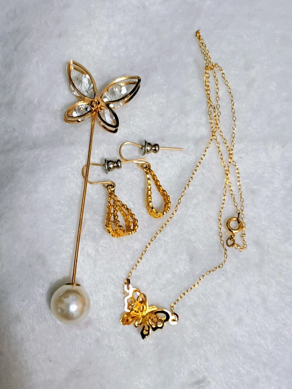 Gold Toned Filigree Butterfly Necklace, Butterfly Hat Pin and Earrings